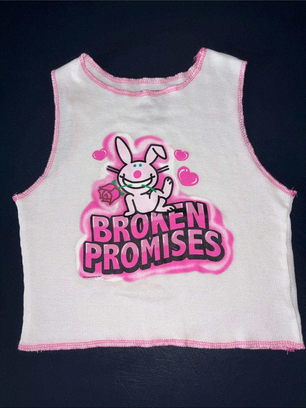 Broken Promises Pink Trim It’s Happy Bunny Graphic Cropped Tank Top